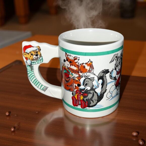 Vintage 80s Christmas Animal Mug Teddy Bear Wolf Penguin Fox Coffee Cup - Picture 1 of 7